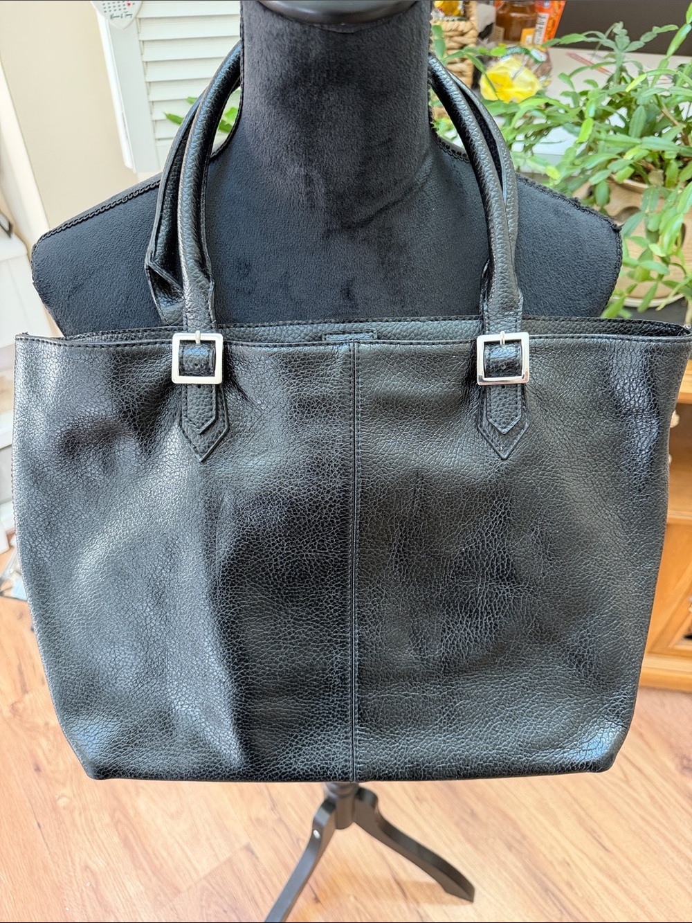 Brooks Brothers Black Leather Tote with Silver Buckle Details, VGUC